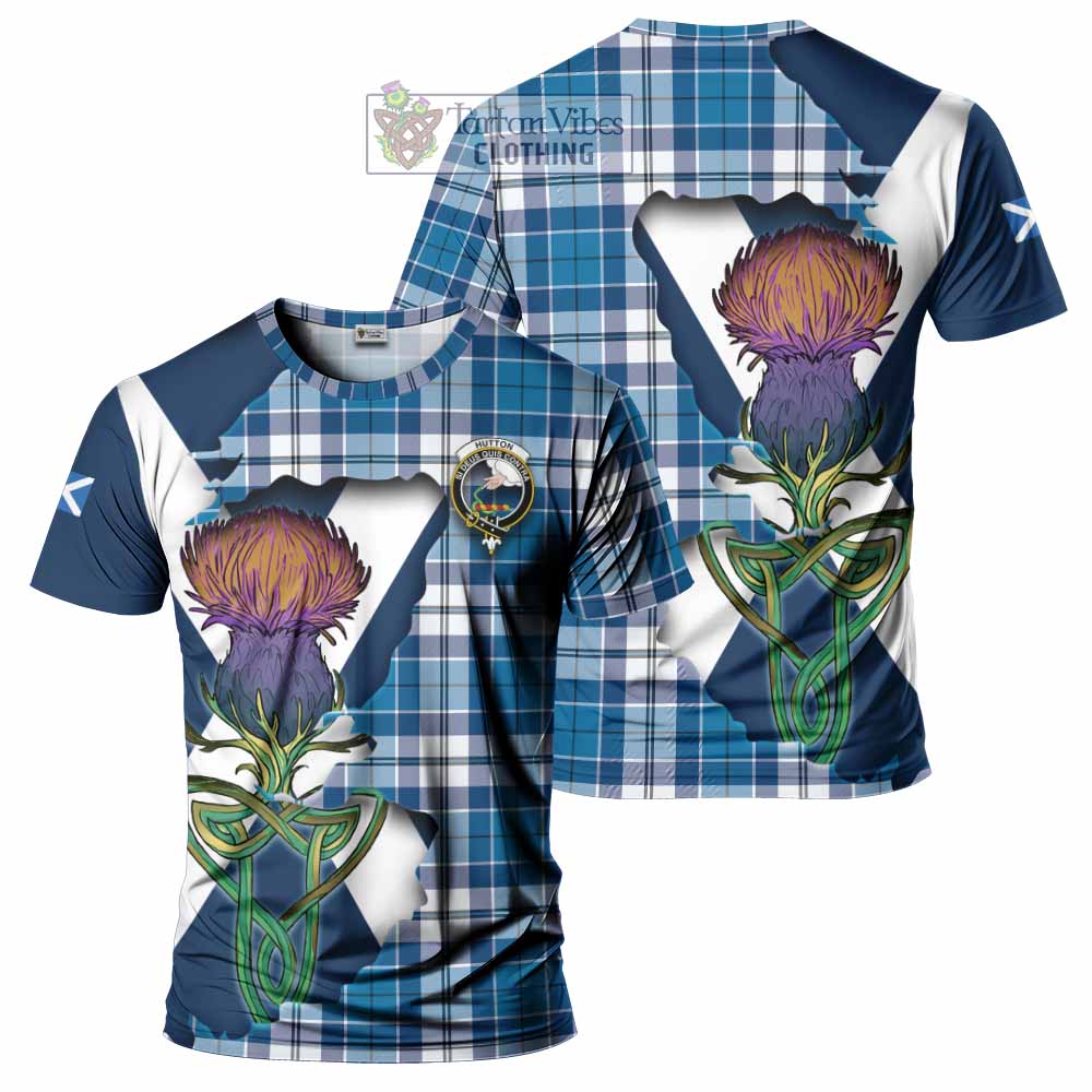 Tartan Vibes Clothing Hutton Tartan Family Crest T-Shirt Scottish Thistle Celtic Inspired