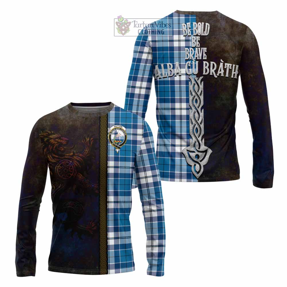 Tartan Vibes Clothing Hutton Tartan Family Crest Long Sleeve T-Shirt Alba Gu Brath Be Brave Lion Ancient Style