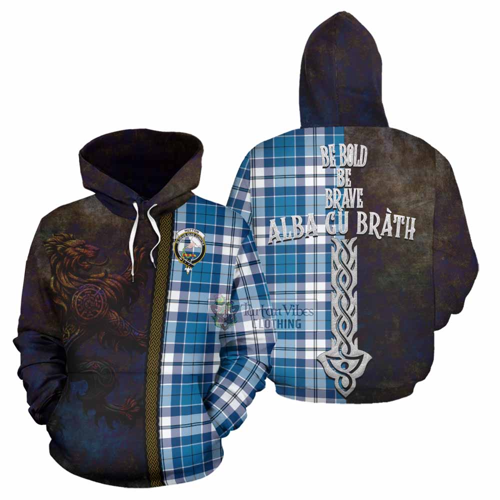 Tartan Vibes Clothing Hutton Tartan Family Crest Hoodie Alba Gu Brath Be Brave Lion Ancient Style