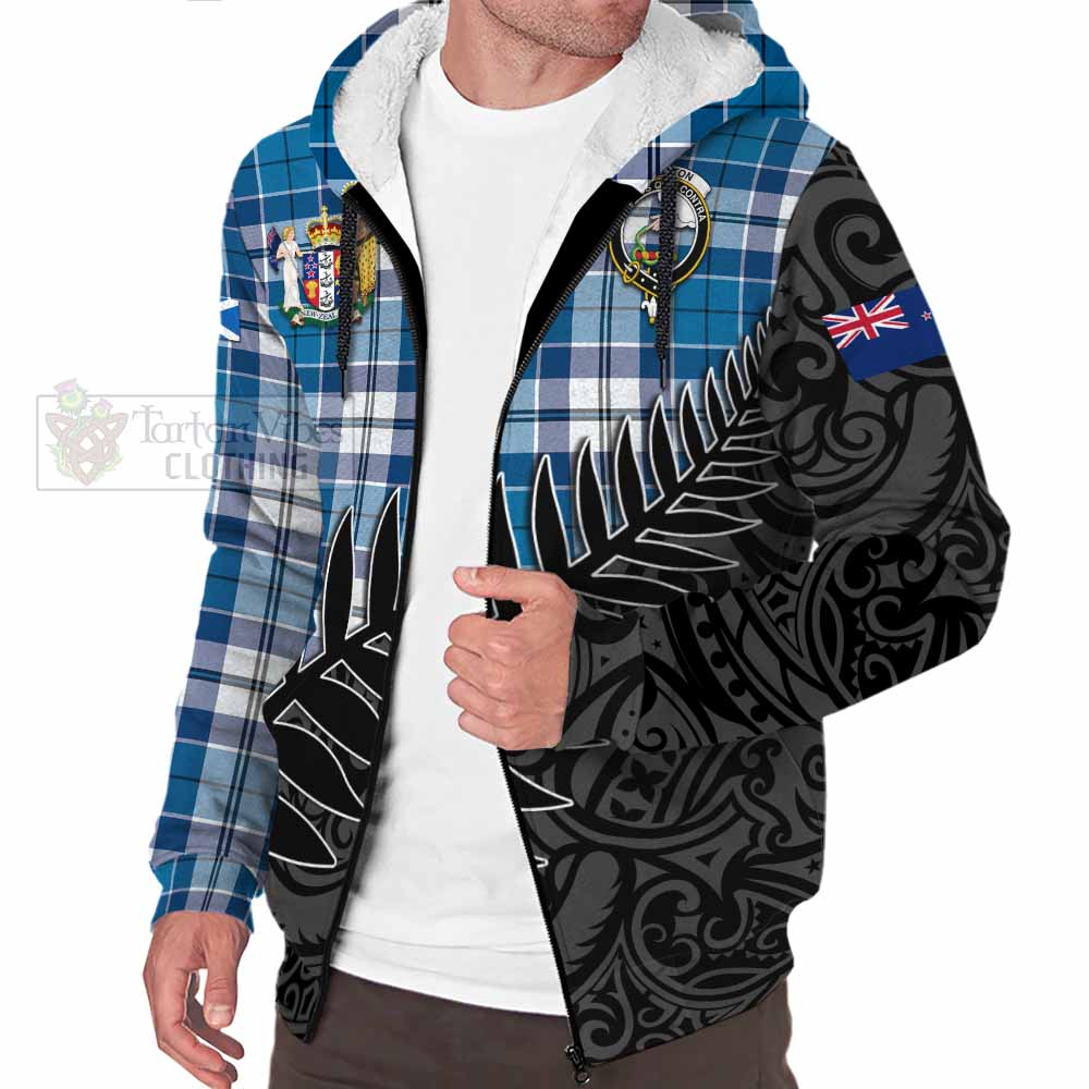 Tartan Vibes Clothing Hutton Crest Tartan Sherpa Hoodie with New Zealand Silver Fern Half Style