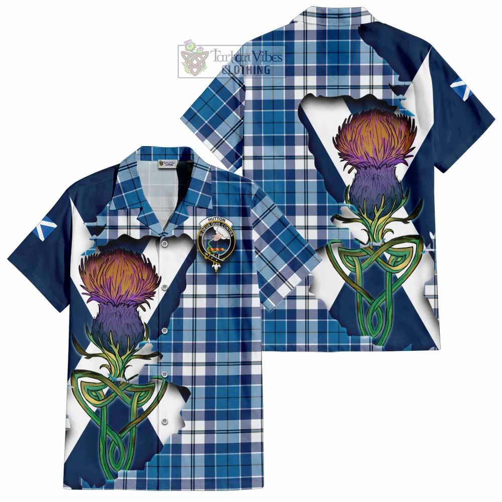 Tartan Vibes Clothing Hutton Tartan Family Crest Short Sleeve Button Shirt Scottish Thistle Celtic Inspired