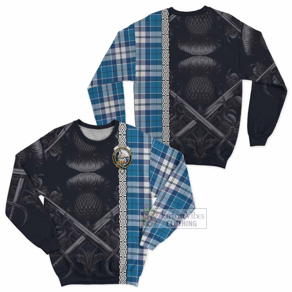 Hutton Tartan Sweatshirt with Family Crest Cross Sword Thistle Celtic Vibes - Tartan Vibes Clothing
