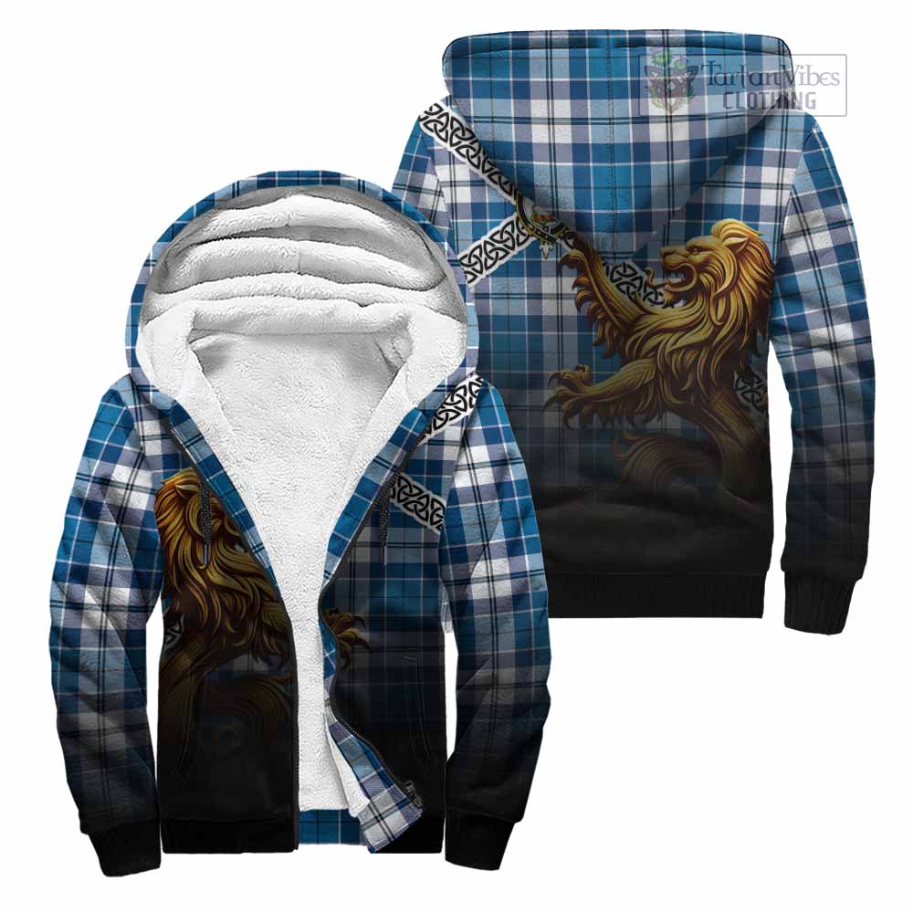 Hutton Crest Tartan Sherpa Hoodie with Golden Lion Emblem Celtic Style Unisex - Tartan Vibes Clothing