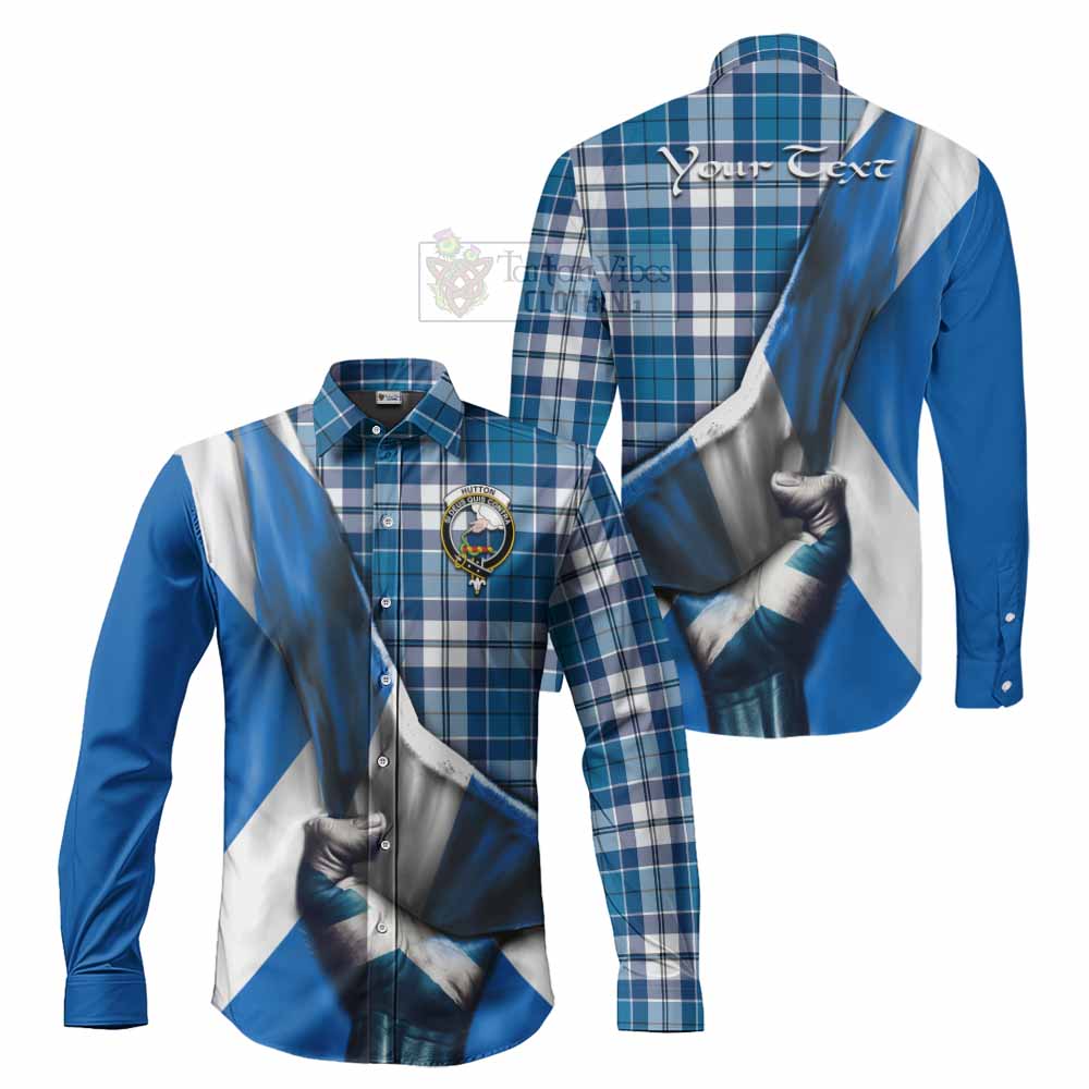 Hutton Tartan Long Sleeve Button Shirt with Family Crest Scotland Patriotic Style - Tartan Vibes Clothing