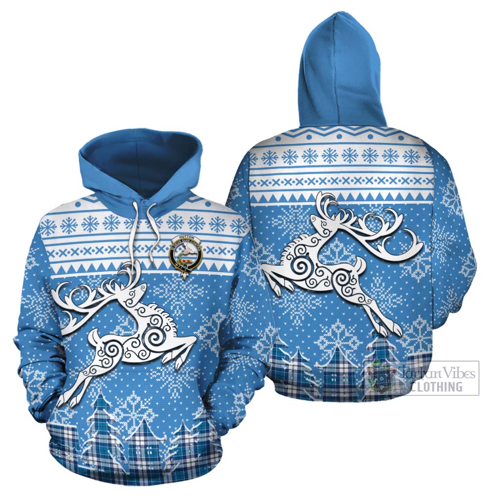 Hutton Clan Christmas Cotton Hoodie Celtic Reindeer Style Zip Hoodie - Tartan Vibes Clothing