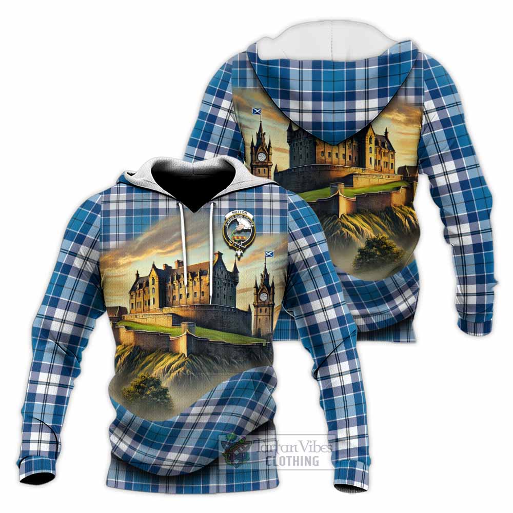 Hutton Tartan Family Crest Knitted Hoodie with Scottish Ancient Castle Style - Tartan Vibes Clothing