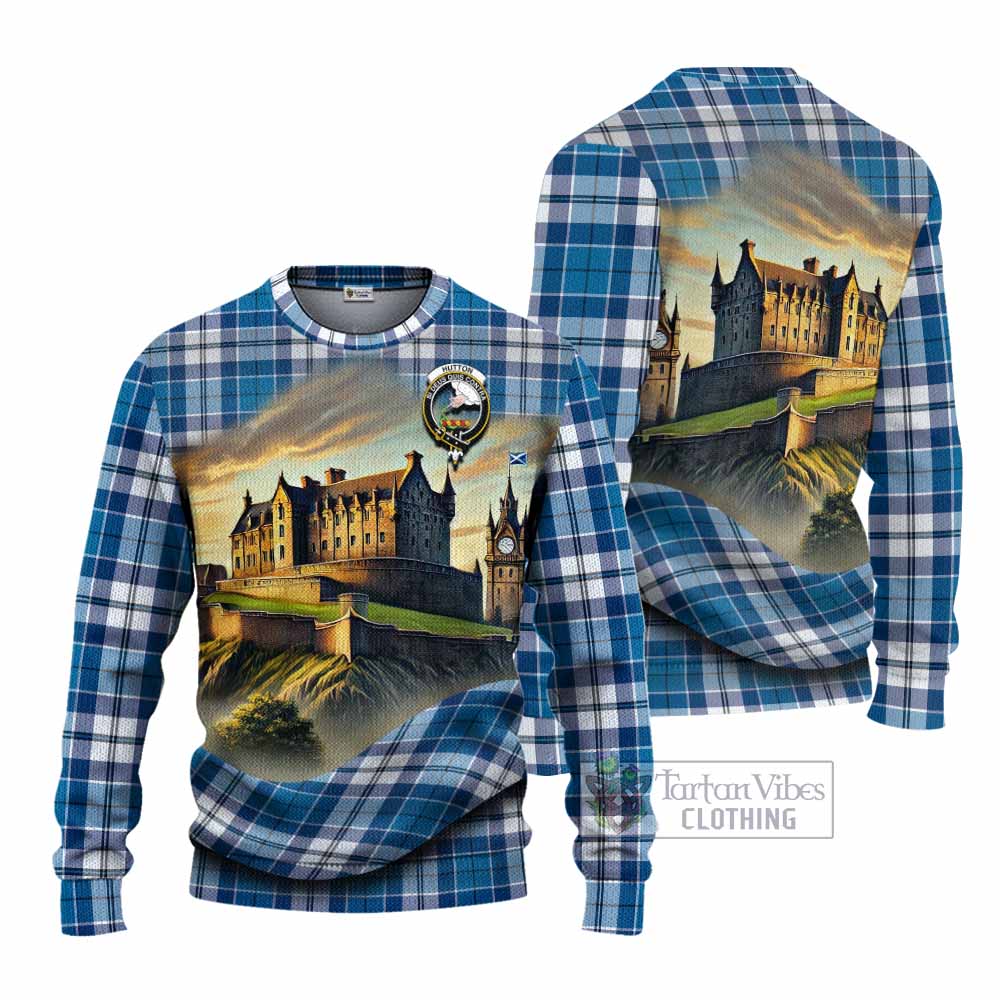 Hutton Tartan Family Crest Knitted Sweater with Scottish Ancient Castle Style - Tartan Vibes Clothing