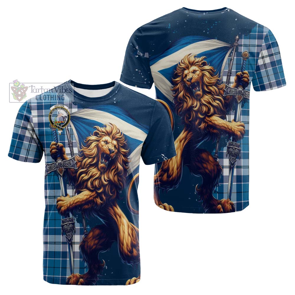 Hutton Tartan Family Crest Cotton T-shirt with Scottish Majestic Lion - Tartan Vibes Clothing
