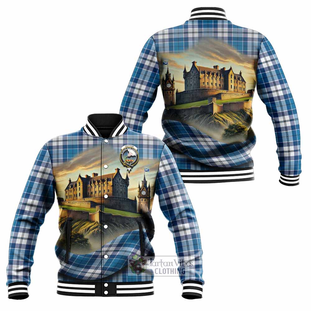 Hutton Tartan Family Crest Baseball Jacket with Scottish Ancient Castle Style - Tartan Vibes Clothing