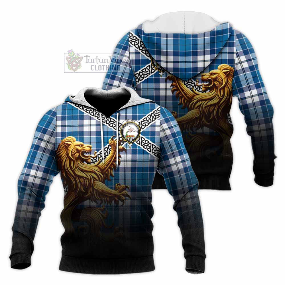 Hutton Crest Tartan Knitted Hoodie with Golden Lion Emblem Celtic Style - Tartan Vibes Clothing