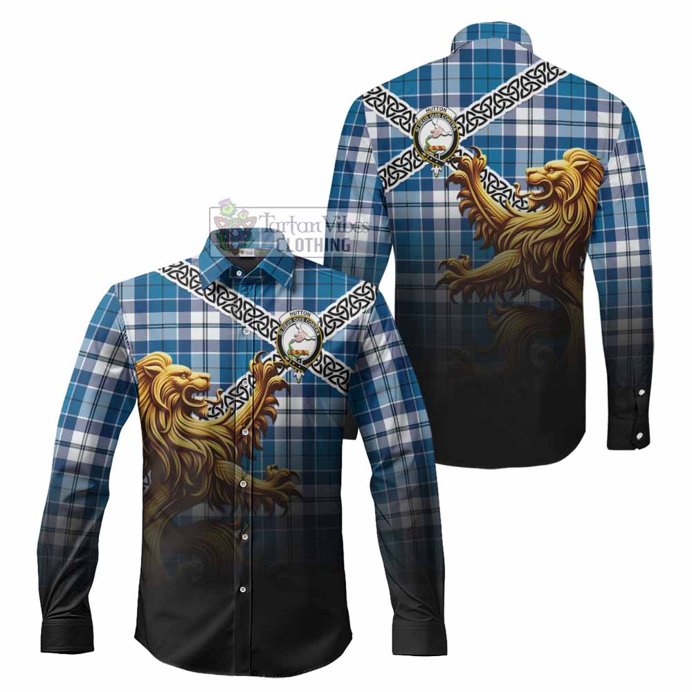 Tartan Vibes Clothing Hutton Crest Tartan Long Sleeve Button Shirt with Golden Lion Emblem Celtic Style