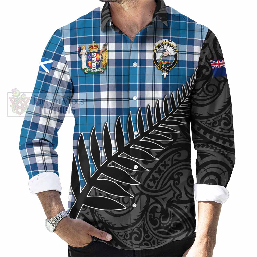 Tartan Vibes Clothing Hutton Crest Tartan Long Sleeve Button Shirt with New Zealand Silver Fern Half Style