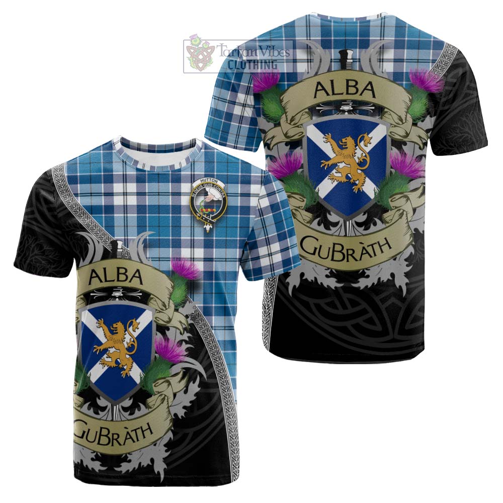 Hutton Tartan Family Crest Cotton T-shirt Lion Rampant Royal Thistle Shield Celtic Inspired - Tartan Vibes Clothing