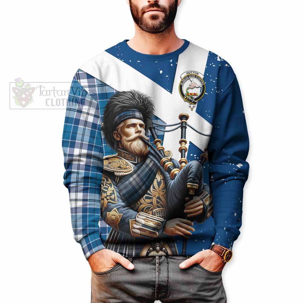 Hutton Tartan Sweatshirt with Family Crest Scottish Bagpiper Vibes - Tartan Vibes Clothing