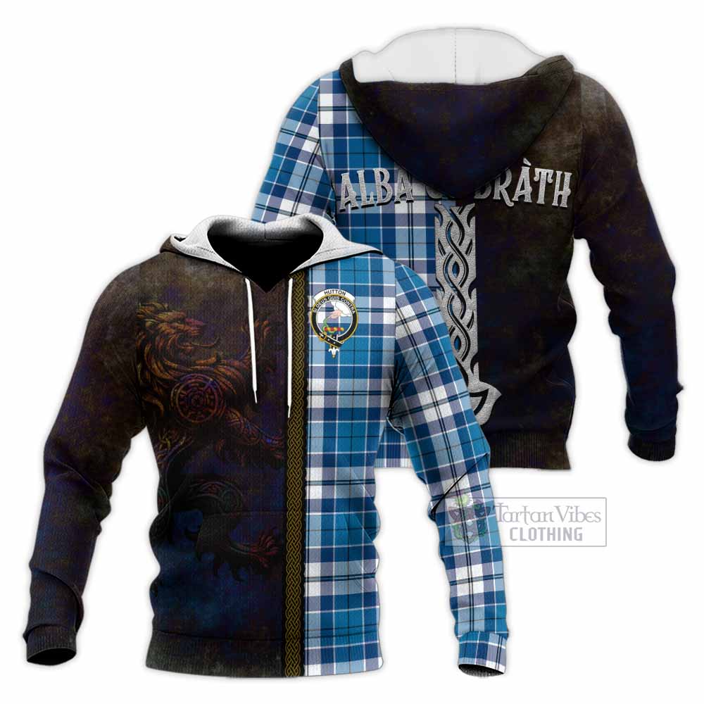 Tartan Vibes Clothing Hutton Tartan Family Crest Knitted Hoodie Alba Gu Brath Be Brave Lion Ancient Style
