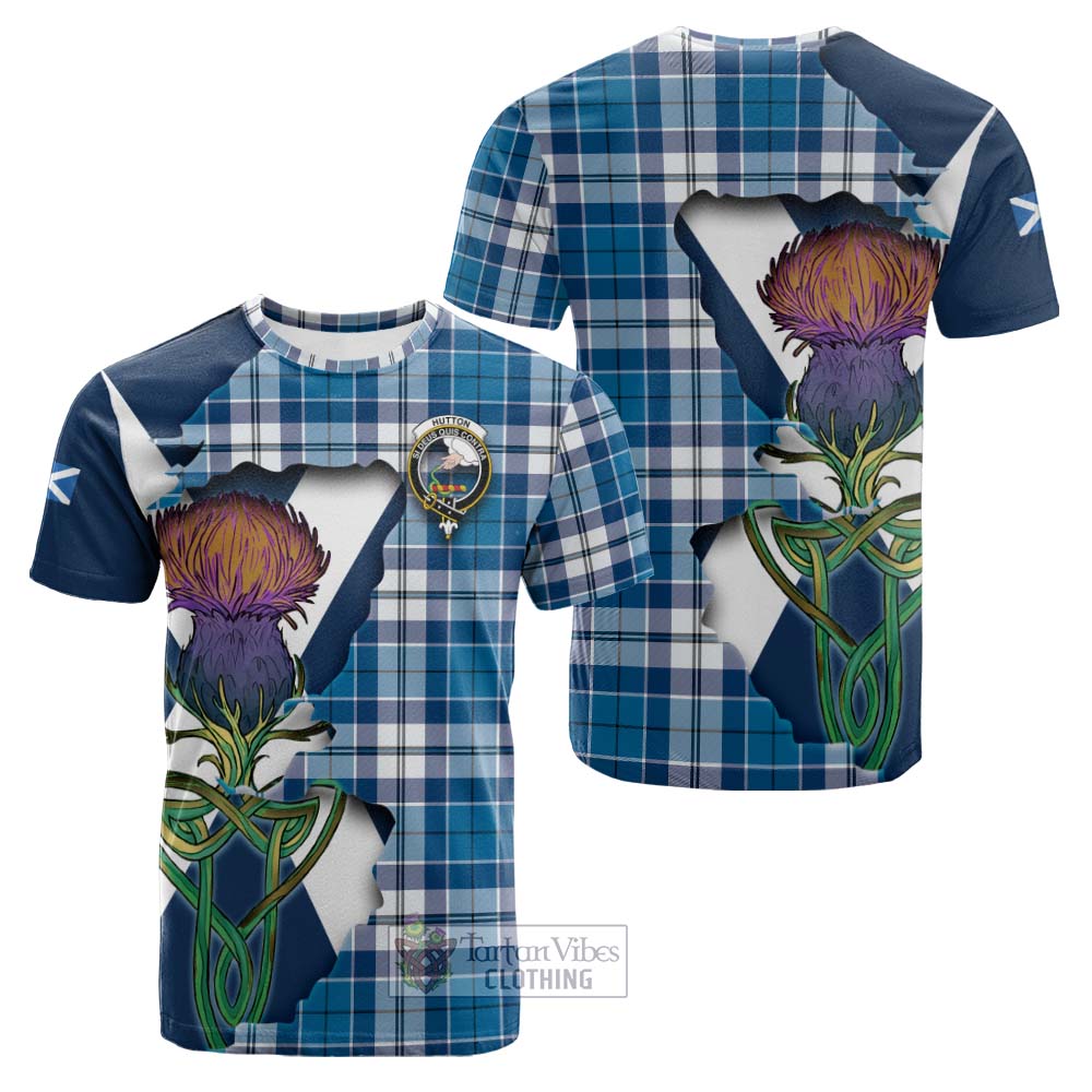 Tartan Vibes Clothing Hutton Tartan Family Crest Cotton T-shirt Scottish Thistle Celtic Inspired