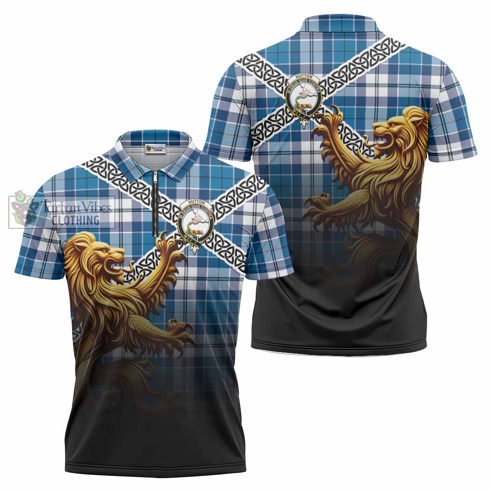 Hutton Crest Tartan Zipper Polo Shirt with Golden Lion Emblem Celtic Style - Tartan Vibes Clothing