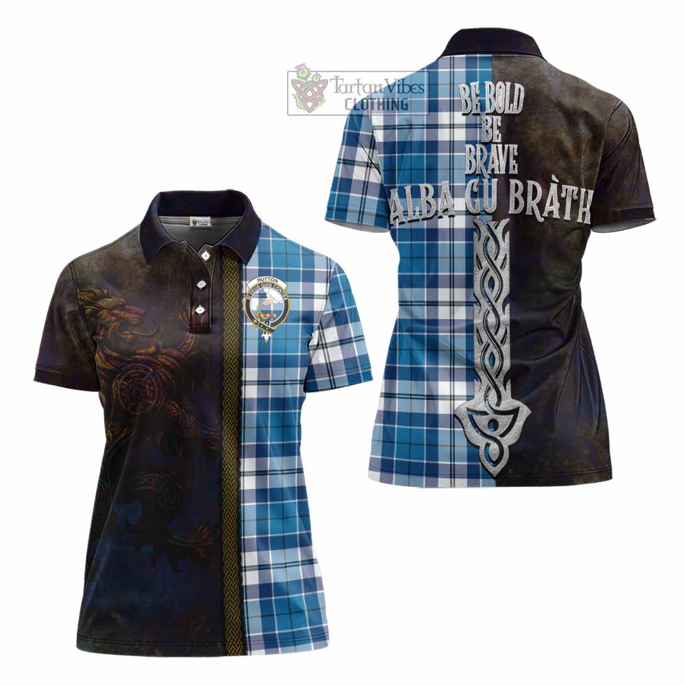 Tartan Vibes Clothing Hutton Tartan Family Crest Women's Polo Shirt Alba Gu Brath Be Brave Lion Ancient Style