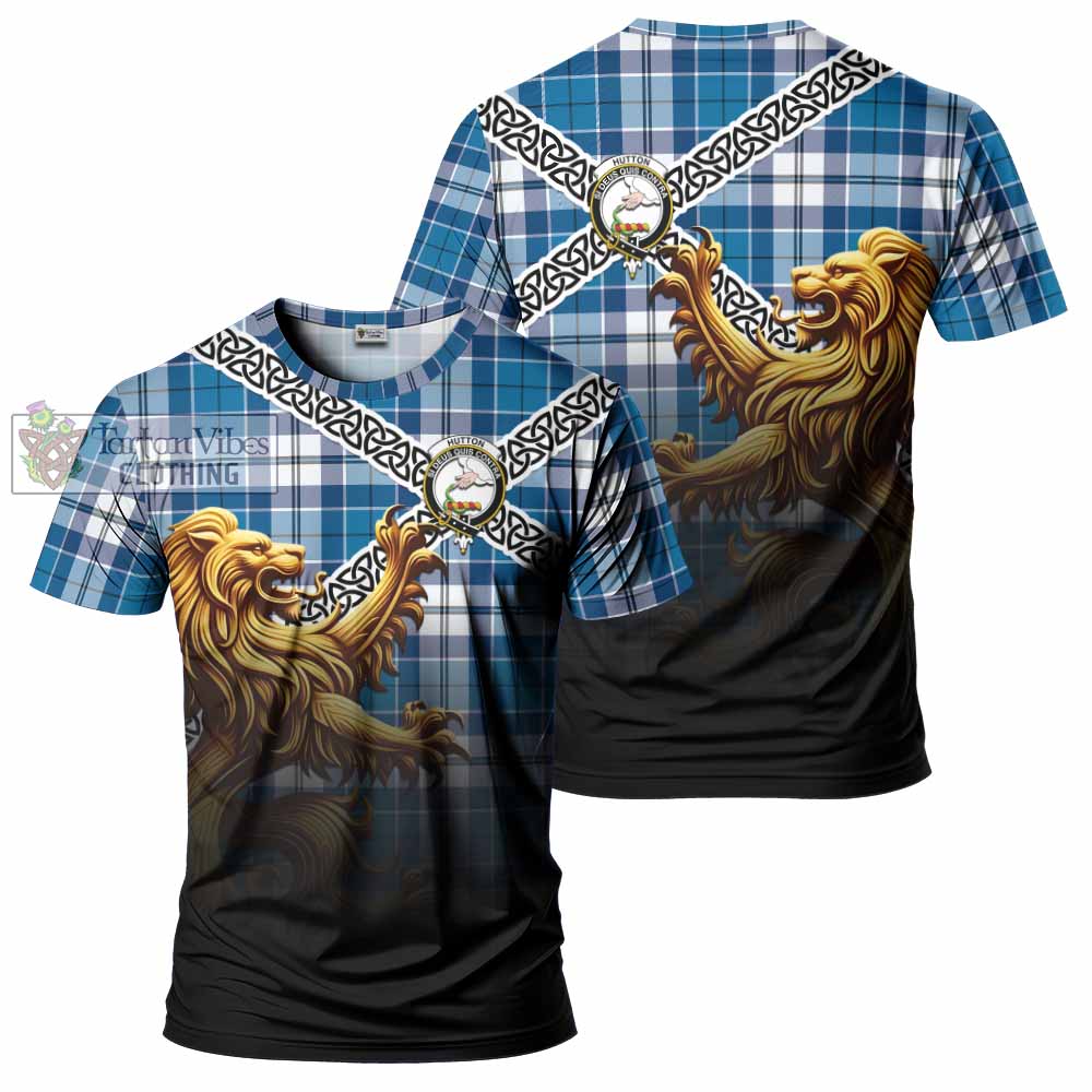 Hutton Crest Tartan T-Shirt with Golden Lion Emblem Celtic Style - Tartan Vibes Clothing