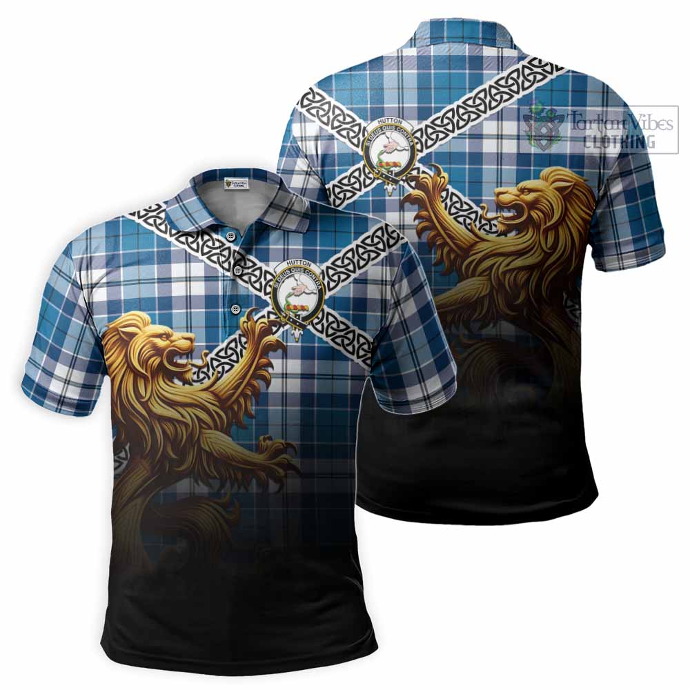 Hutton Crest Tartan Polo Shirt with Golden Lion Emblem Celtic Style - Tartan Vibes Clothing
