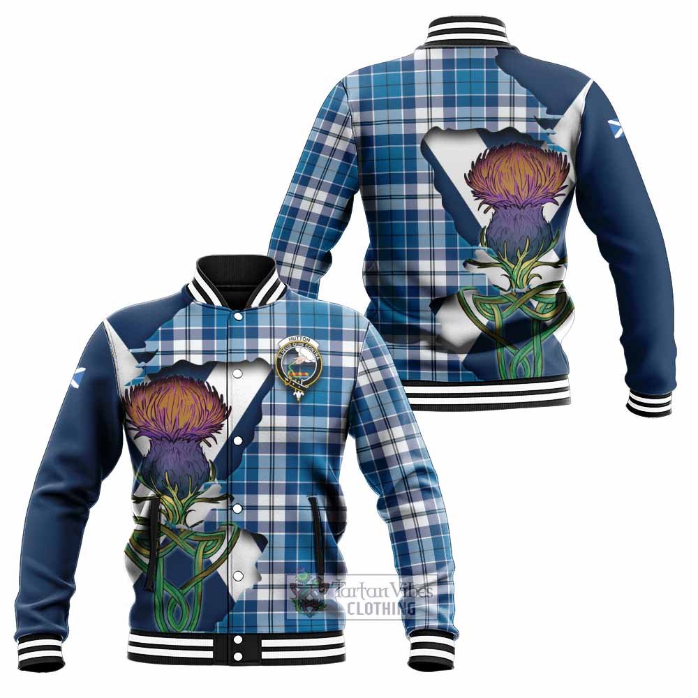 Tartan Vibes Clothing Hutton Tartan Family Crest Baseball Jacket Scottish Thistle Celtic Inspired