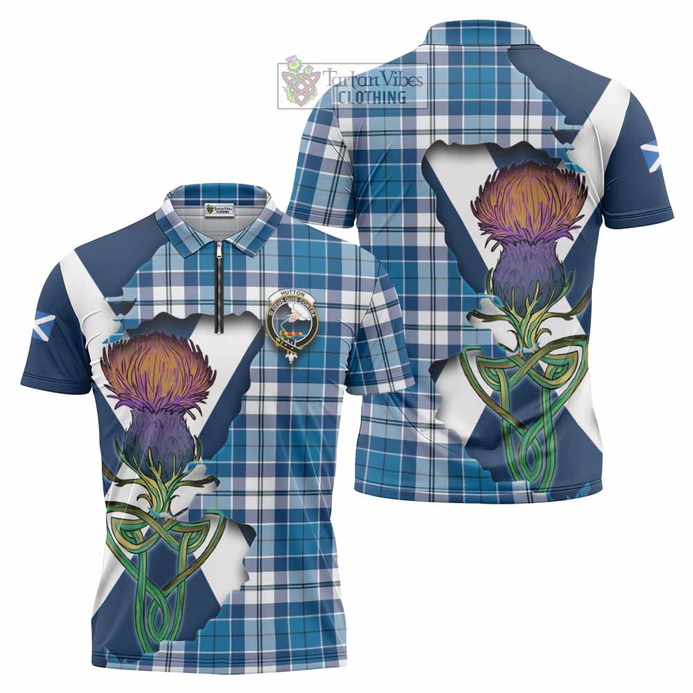 Hutton Tartan Family Crest Zipper Polo Shirt Scottish Thistle Celtic Inspired - Tartan Vibes Clothing