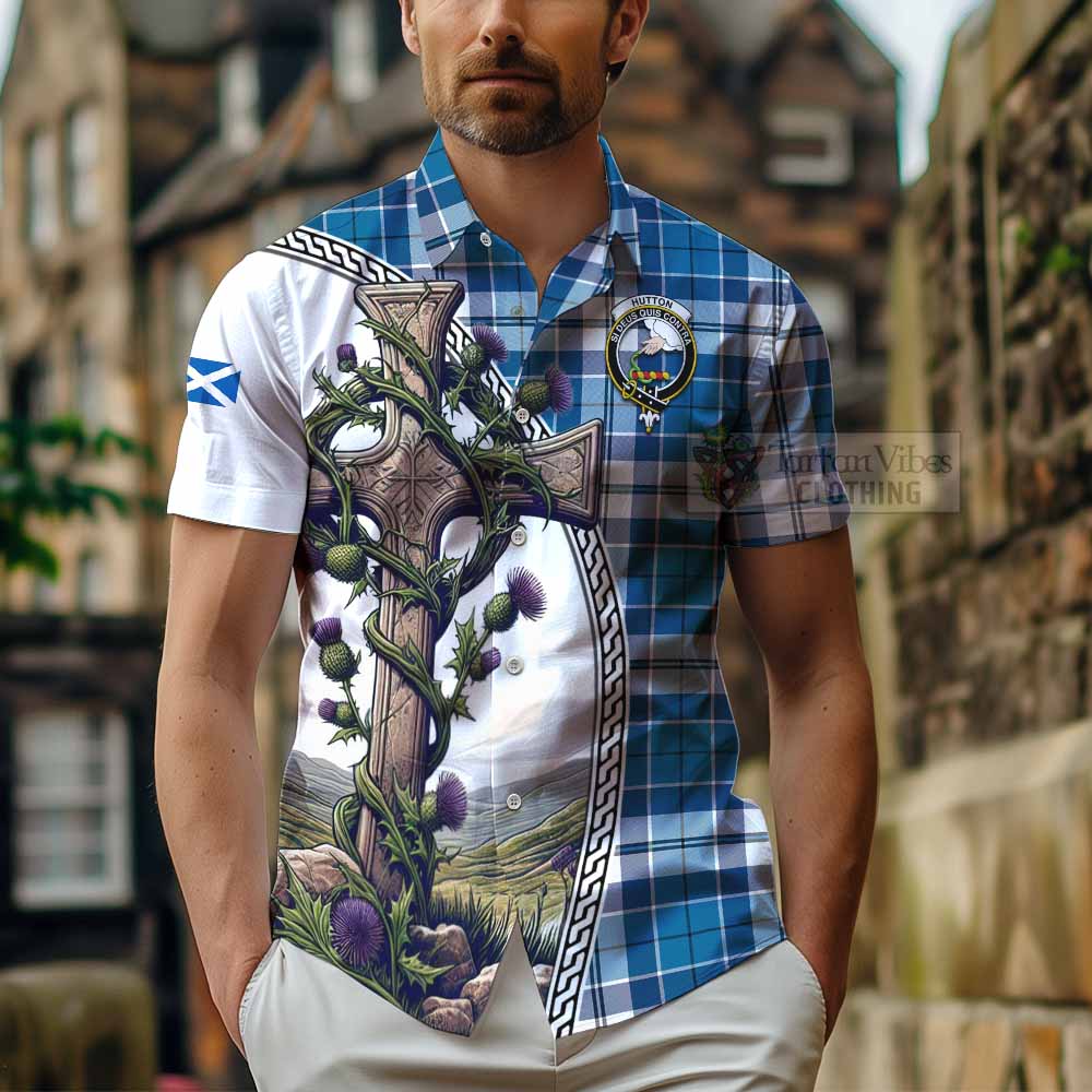 Hutton Tartan Hawaiian Shirt with Family Crest and St. Andrew's Cross Accented by Thistle Vines - Tartan Vibes Clothing
