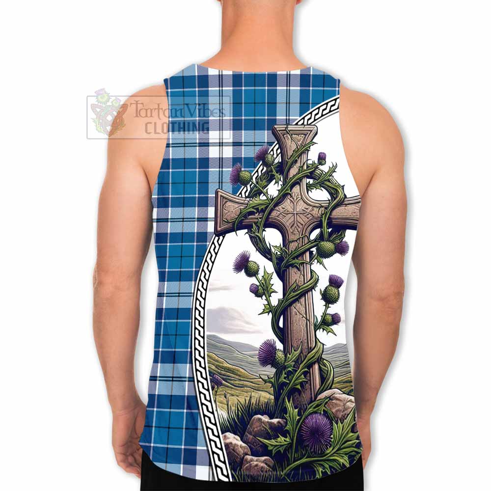 Hutton Tartan Men's Tank Top with Family Crest and St. Andrew's Cross Accented by Thistle Vines - Tartan Vibes Clothing