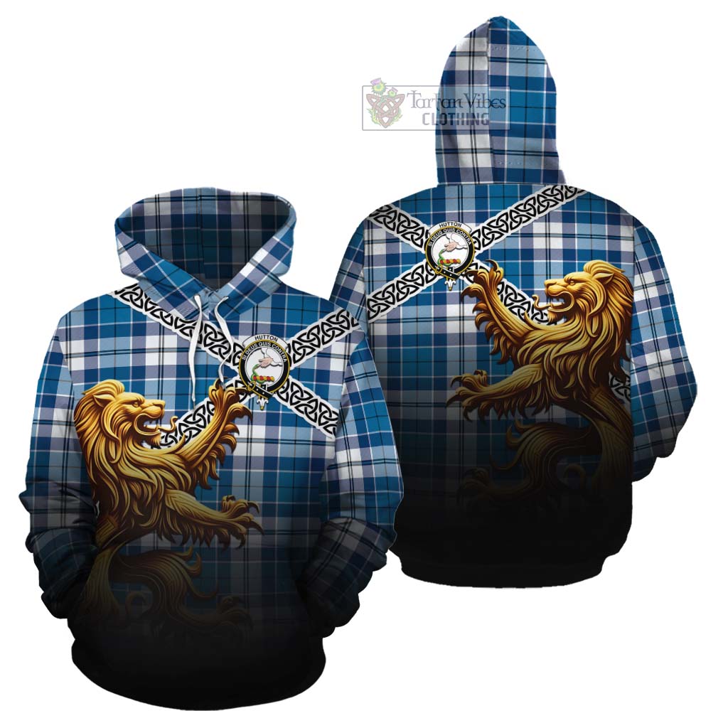 Hutton Crest Tartan Cotton Hoodie with Golden Lion Emblem Celtic Style - Tartan Vibes Clothing
