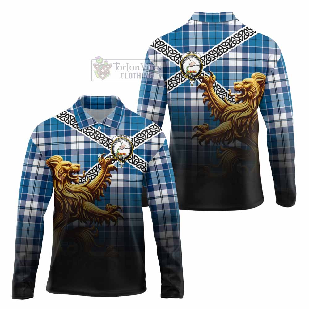 Hutton Crest Tartan Long Sleeve Polo Shirt with Golden Lion Emblem Celtic Style - Tartan Vibes Clothing