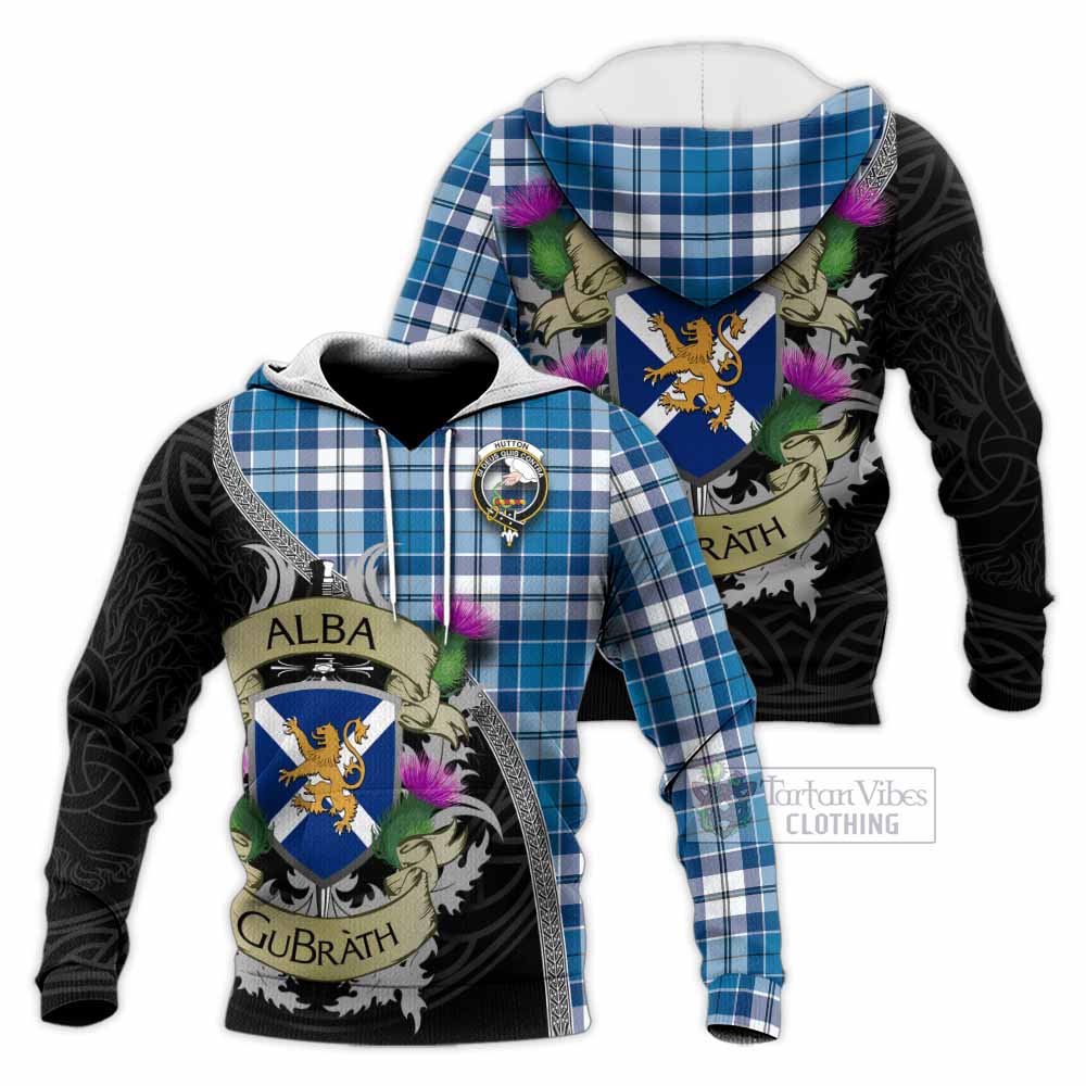 Hutton Tartan Family Crest Knitted Hoodie Lion Rampant Royal Thistle Shield Celtic Inspired - Tartan Vibes Clothing