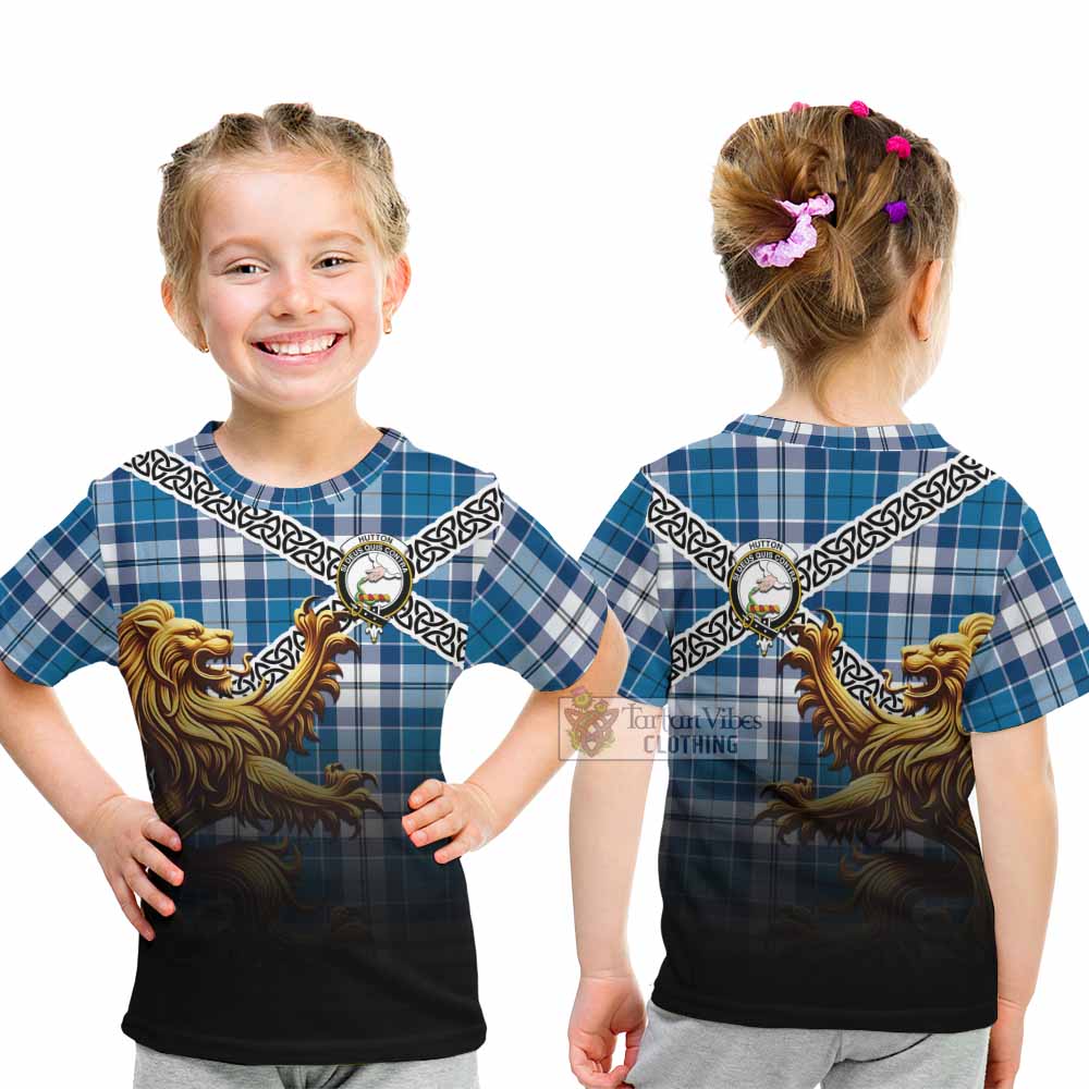 Hutton Crest Tartan Kid T-Shirt with Golden Lion Emblem Celtic Style - Tartan Vibes Clothing