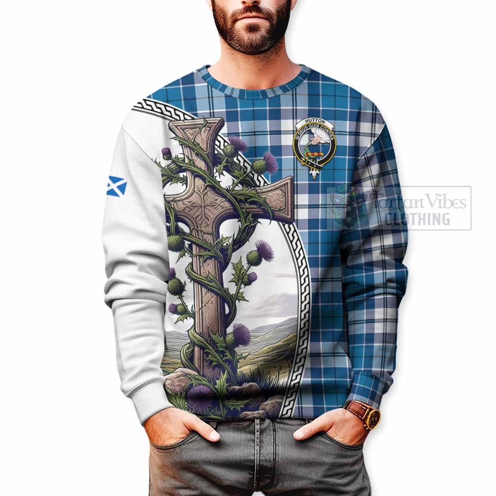 Hutton Tartan Sweatshirt with Family Crest and St. Andrew's Cross Accented by Thistle Vines - Tartan Vibes Clothing