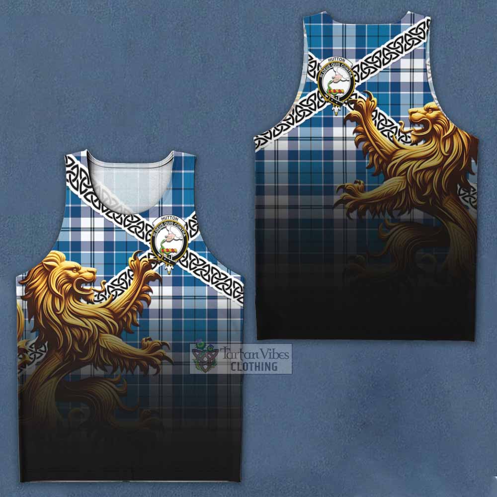 Hutton Crest Tartan Men's Tank Top with Golden Lion Emblem Celtic Style - Tartan Vibes Clothing