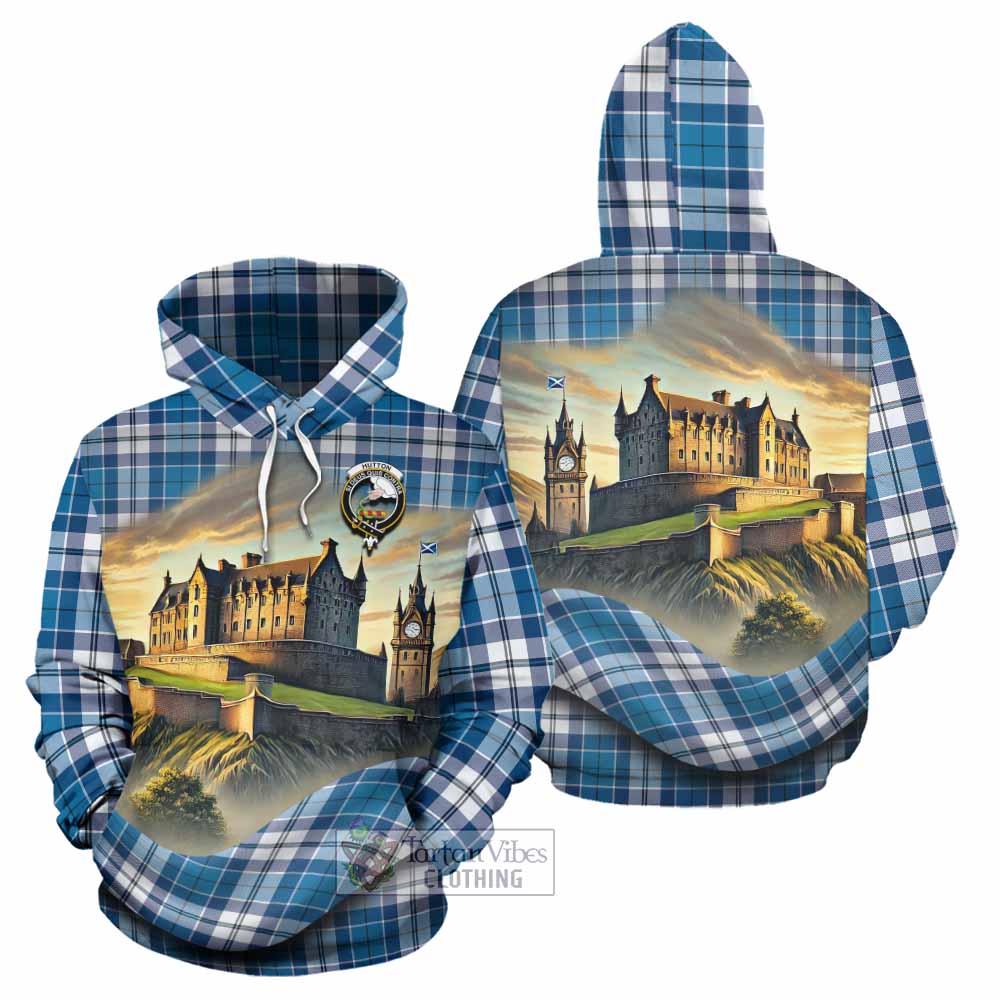 Hutton Tartan Family Crest Hoodie with Scottish Ancient Castle Style - Tartan Vibes Clothing