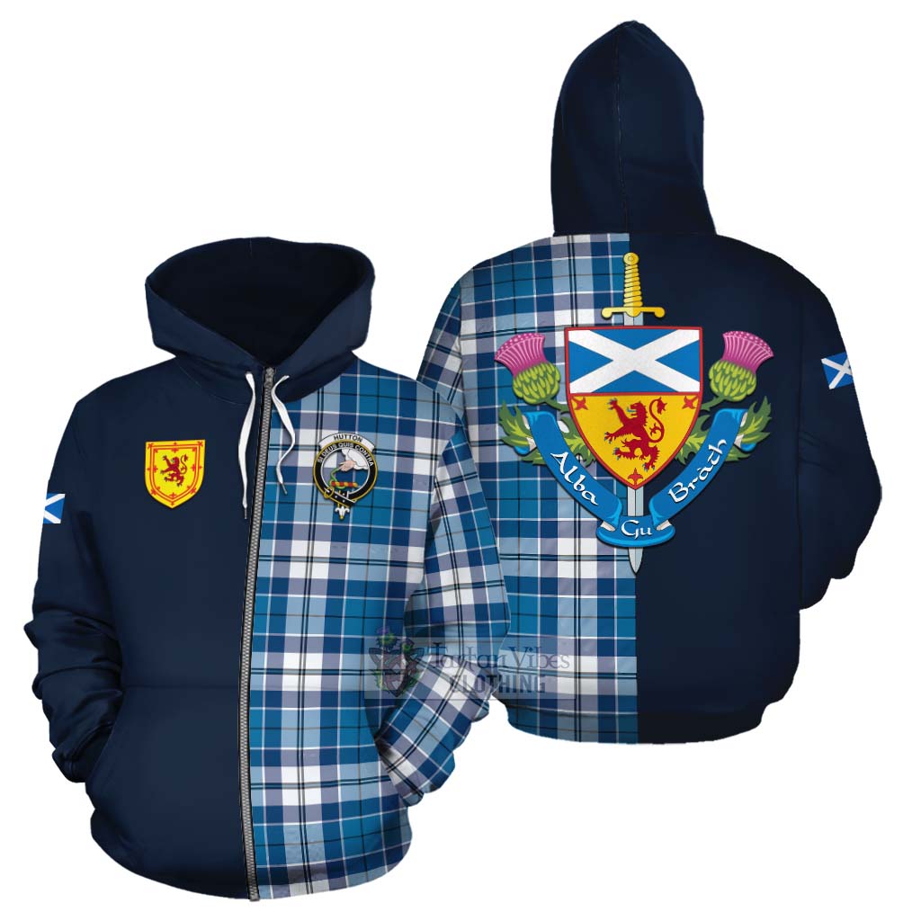 Hutton Tartan Cotton Hoodie Alba with Scottish Lion Royal Arm Half Style - Tartan Vibes Clothing