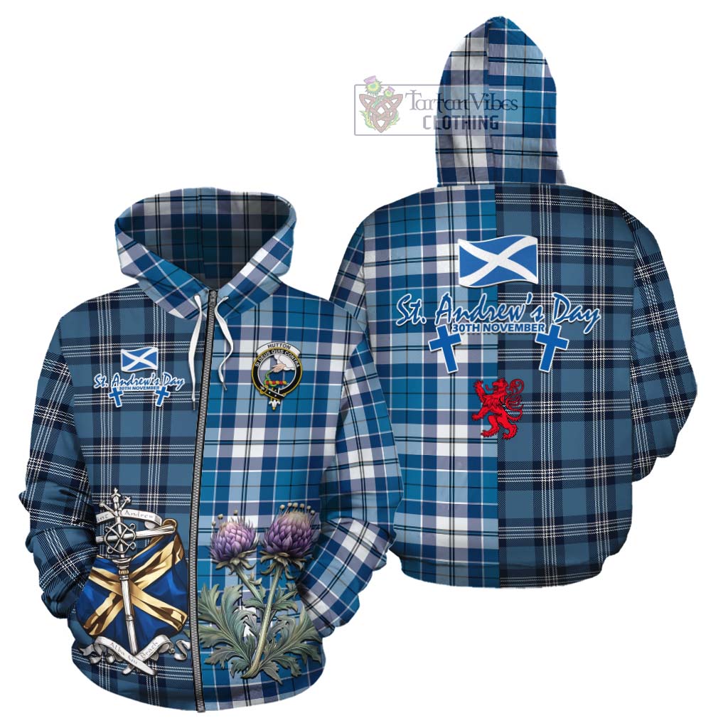 Hutton Tartan Cotton Hoodie Happy St. Andrew's Day Half Tartan Style - Tartan Vibes Clothing