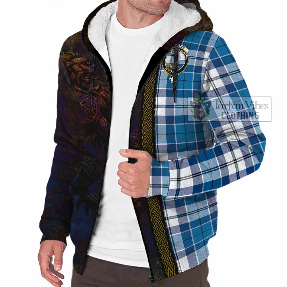 Tartan Vibes Clothing Hutton Tartan Family Crest Sherpa Hoodie Alba Gu Brath Be Brave Lion Ancient Style