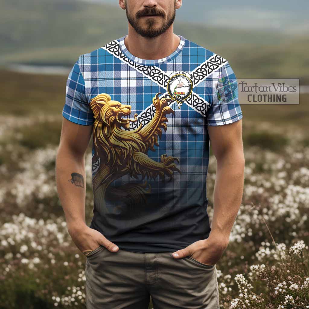 Hutton Crest Tartan T-Shirt with Golden Lion Emblem Celtic Style - Tartan Vibes Clothing
