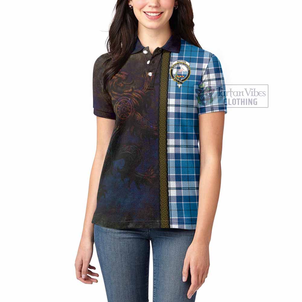 Tartan Vibes Clothing Hutton Tartan Family Crest Women's Polo Shirt Alba Gu Brath Be Brave Lion Ancient Style