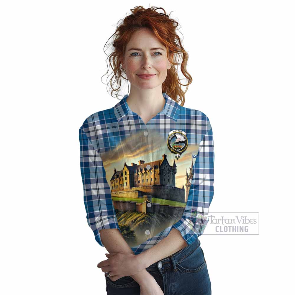Hutton Tartan Family Crest Women's Casual Shirt with Scottish Ancient Castle Style - Tartan Vibes Clothing