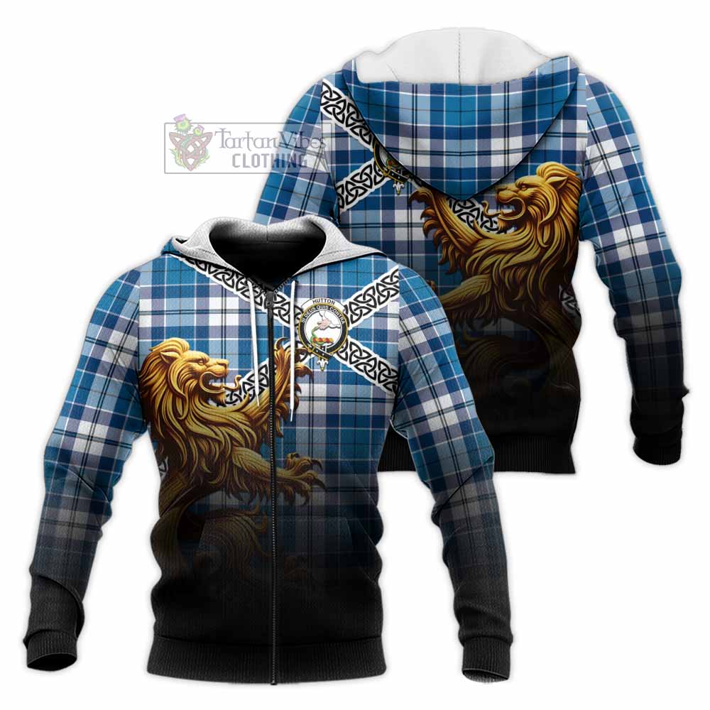 Hutton Crest Tartan Knitted Hoodie with Golden Lion Emblem Celtic Style Unisex Knitted Zip Hoodie - Tartan Vibes Clothing