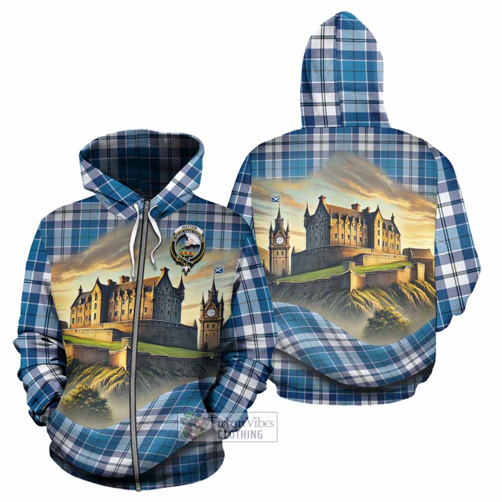 Hutton Tartan Family Crest Hoodie with Scottish Ancient Castle Style Zip Hoodie - Tartan Vibes Clothing