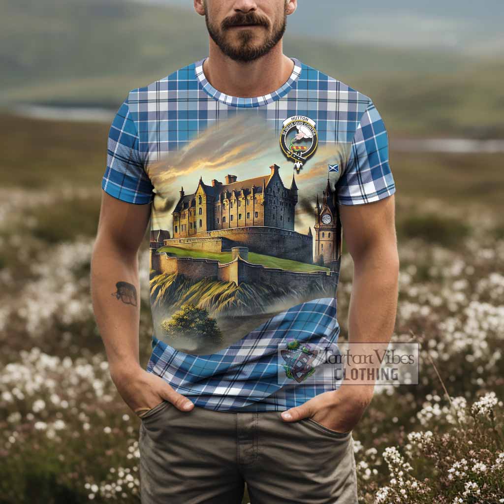 Hutton Tartan Family Crest T-Shirt with Scottish Ancient Castle Style - Tartan Vibes Clothing