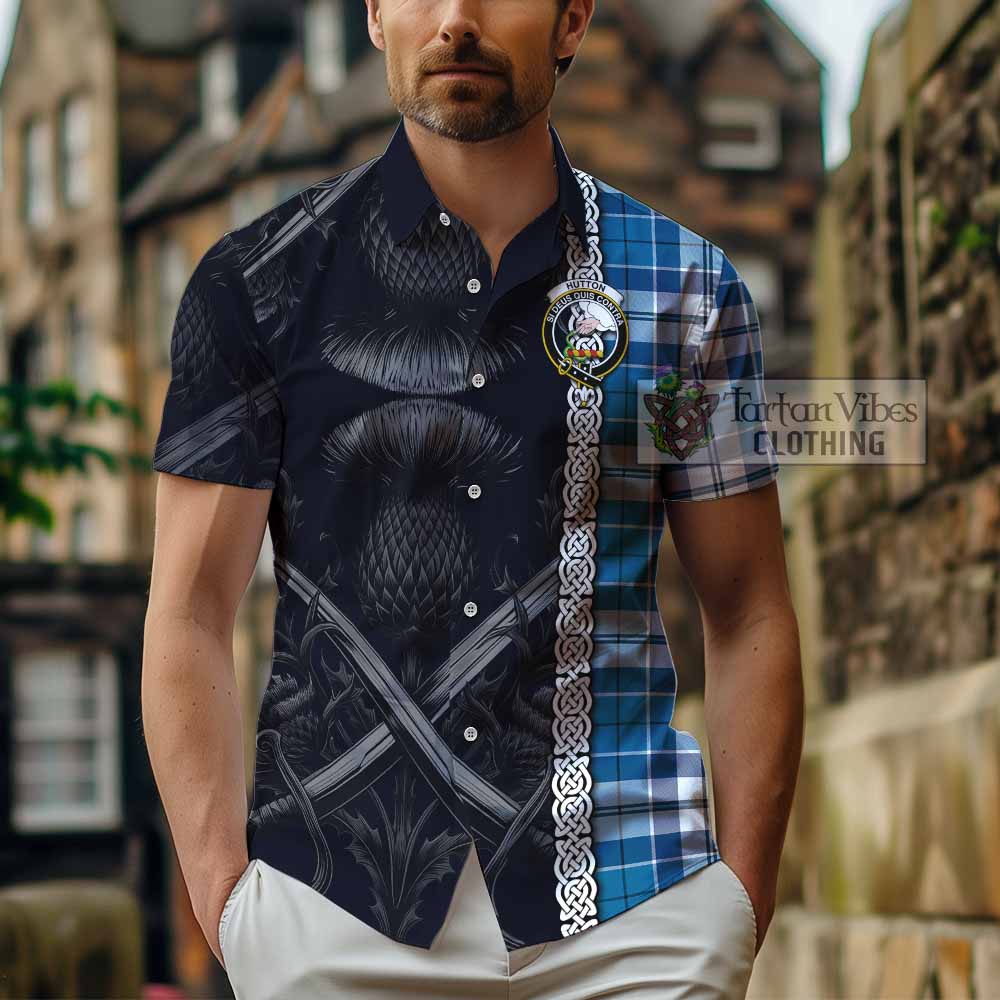 Hutton Tartan Hawaiian Shirt with Family Crest Cross Sword Thistle Celtic Vibes - Tartan Vibes Clothing