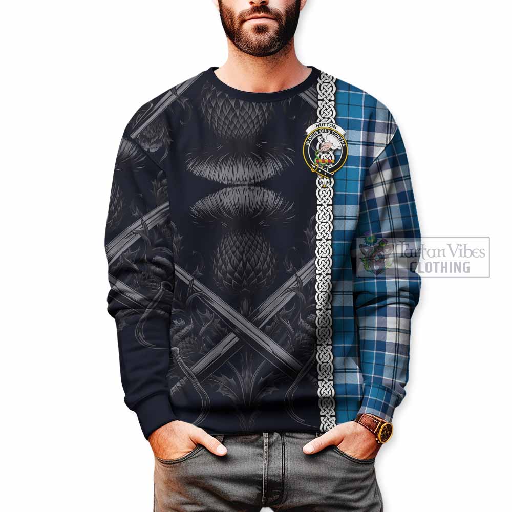 Hutton Tartan Sweatshirt with Family Crest Cross Sword Thistle Celtic Vibes - Tartan Vibes Clothing