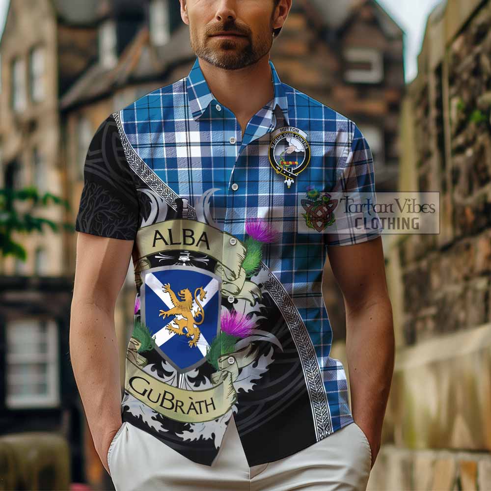 Hutton Tartan Family Crest Hawaiian Shirt Lion Rampant Royal Thistle Shield Celtic Inspired - Tartan Vibes Clothing