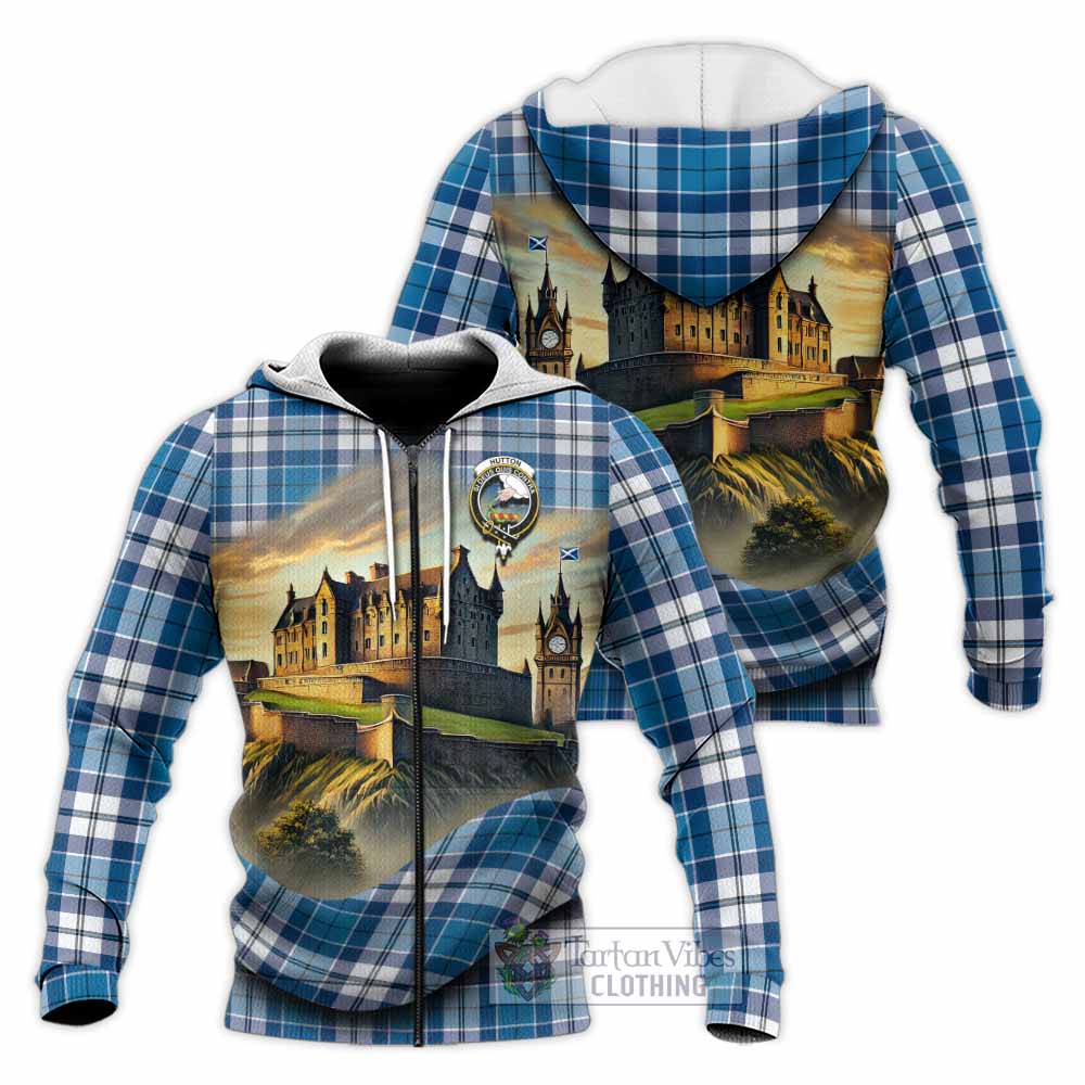 Hutton Tartan Family Crest Knitted Hoodie with Scottish Ancient Castle Style Unisex Knitted Zip Hoodie - Tartan Vibes Clothing