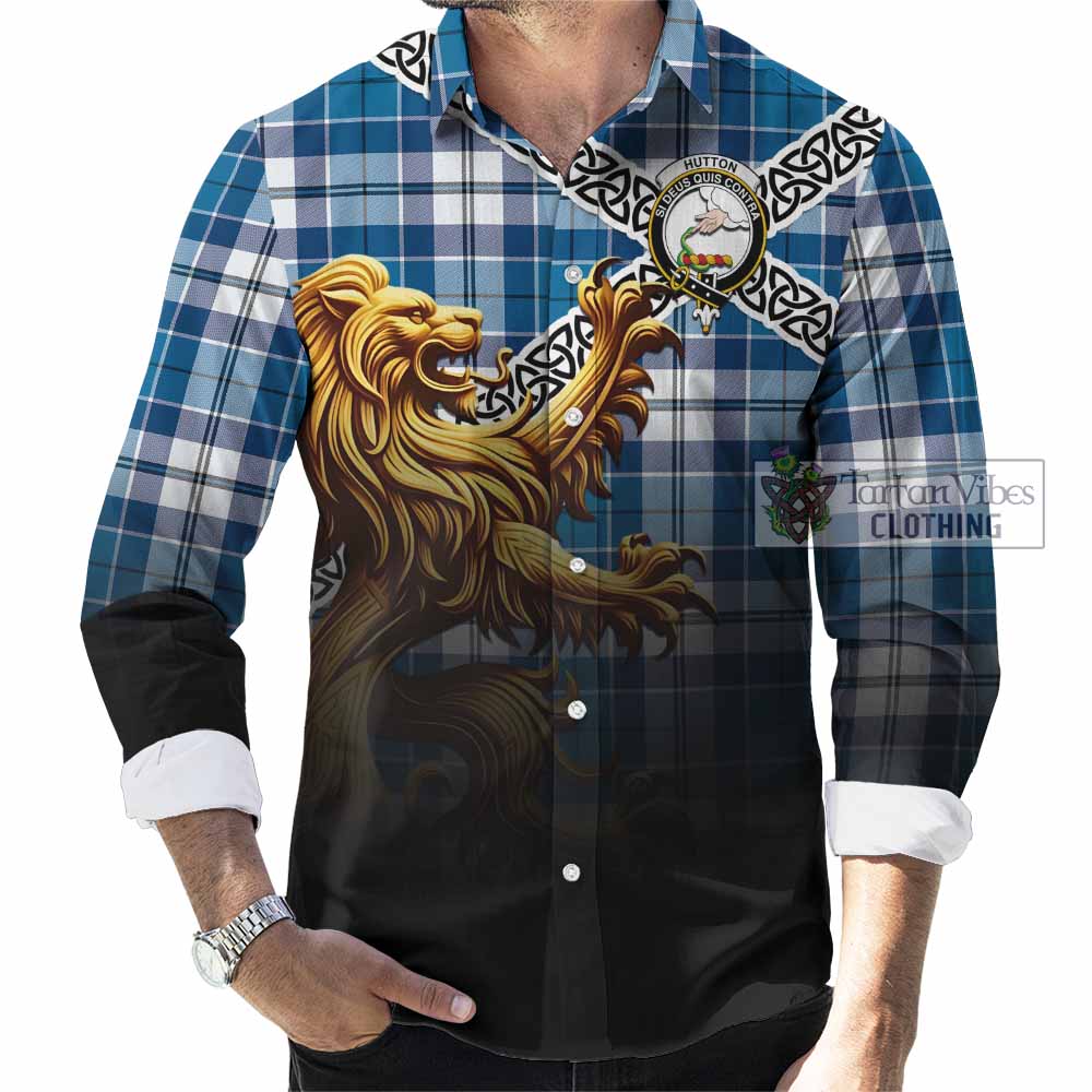 Tartan Vibes Clothing Hutton Crest Tartan Long Sleeve Button Shirt with Golden Lion Emblem Celtic Style