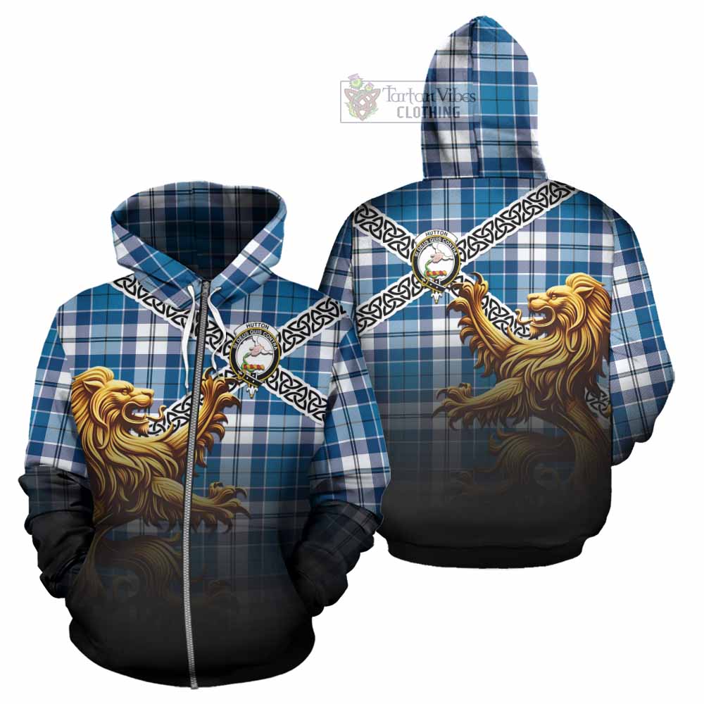 Hutton Crest Tartan Hoodie with Golden Lion Emblem Celtic Style Zip Hoodie - Tartan Vibes Clothing